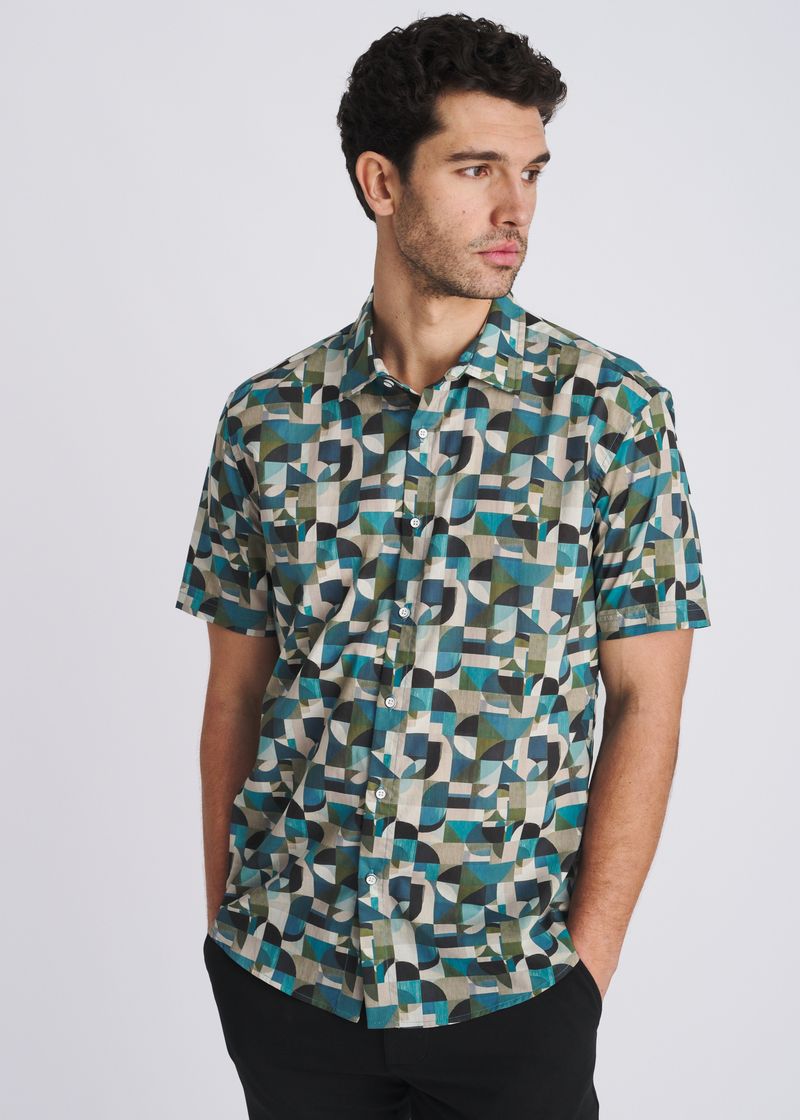 FOREST/OLIVE GEOMETRIC PRINTED LIGHTWEIGHT COTTON/TENCEL SHORT SLEEVE SHIRT PM-47061