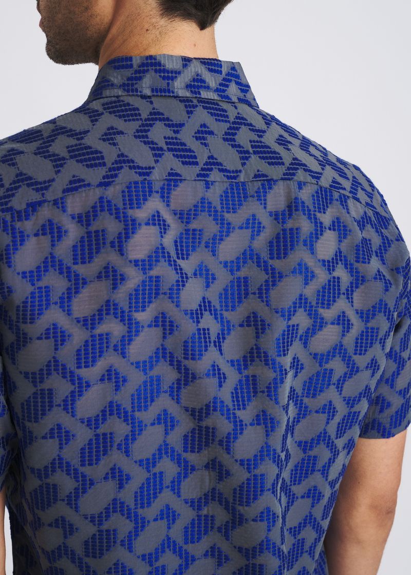 NAVY LIGHTWEIGHT RHOMBUS JACQUARD WOVEN SHORT SLEEVE SHIRT PM-51016