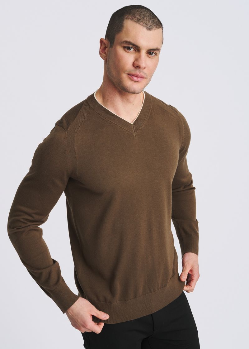 SEPIA/YOLK CONTRAST V-NECK WOOL BLEND KNIT SWEATER PM-16418