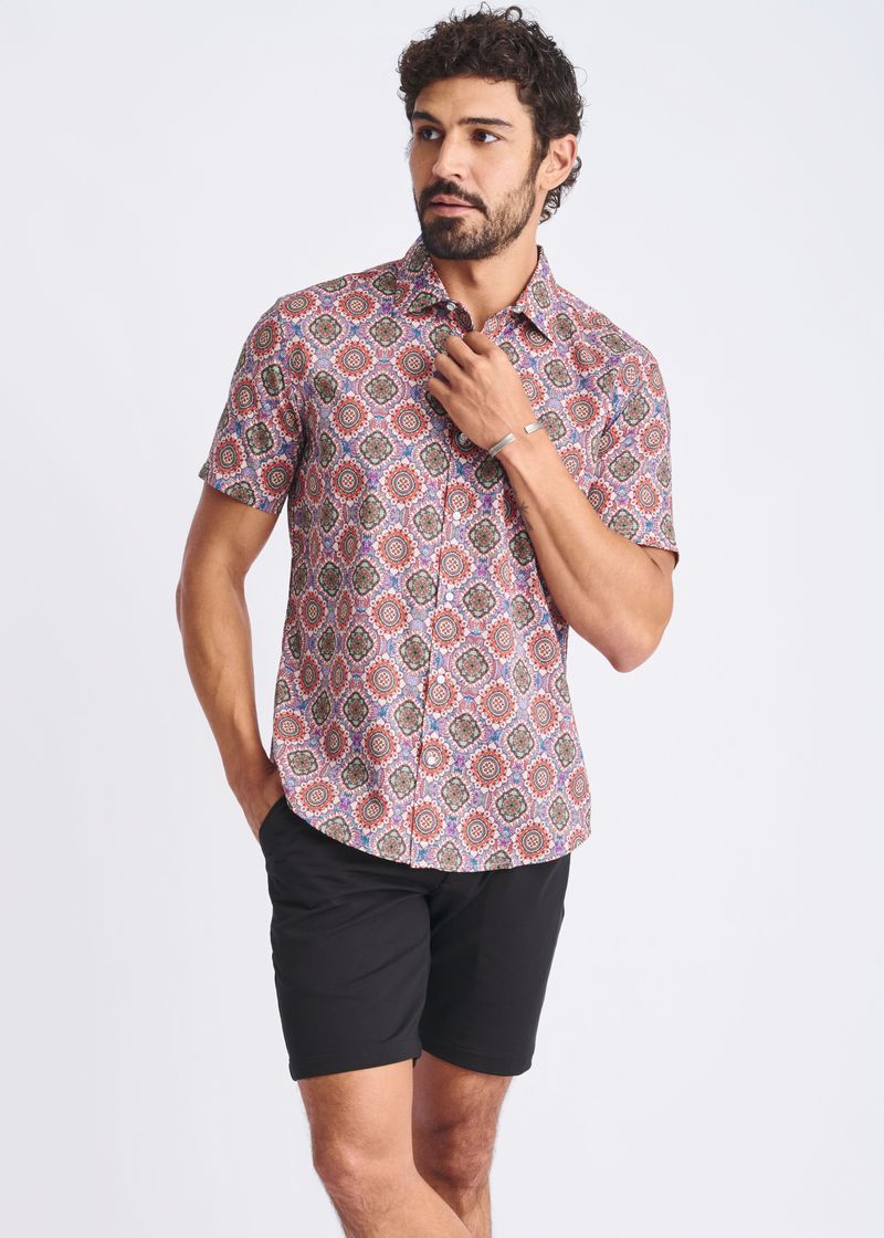 BLUSH/CORAL MEDALLIONS PRINTED LIGHTWEIGHT COTTON/TENCEL SHORT SLEEVE SHIRT PM-47053