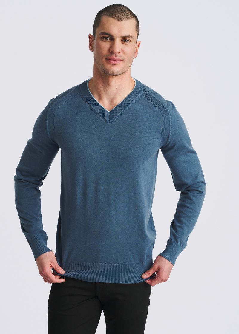 PETROL/AQUA CONTRAST V-NECK WOOL BLEND KNIT SWEATER PM-16418