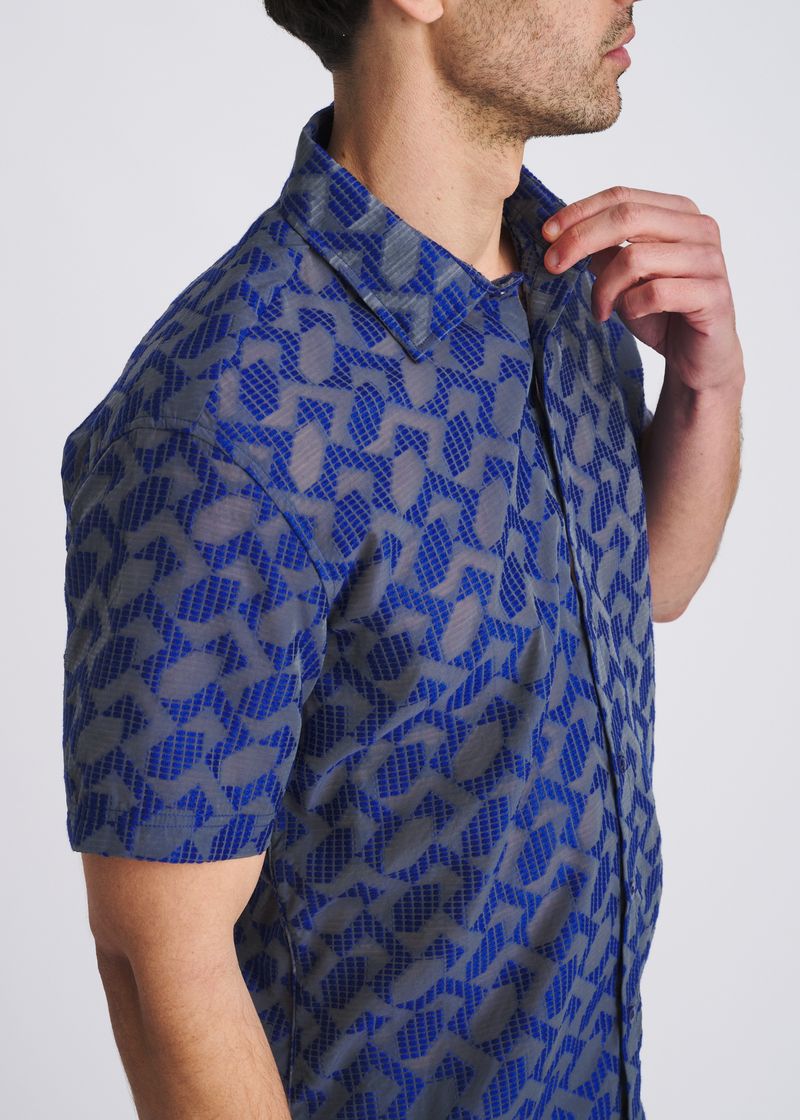 NAVY LIGHTWEIGHT RHOMBUS JACQUARD WOVEN SHORT SLEEVE SHIRT PM-51016