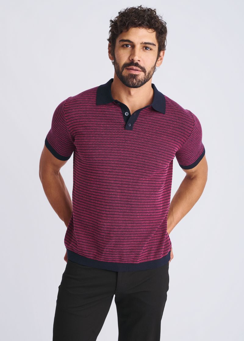 BUBBLE GUM/NAVY TWO TONE TEXTURED COTTON 3-BUTTON KNIT POLO PM-16321