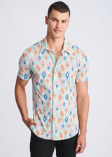 MINT/CORAL DIAMONDS PRINTED PERFORMANCE SHORT SLEEVE SHIRT W/ CONTRAST PLACKET PM-76112