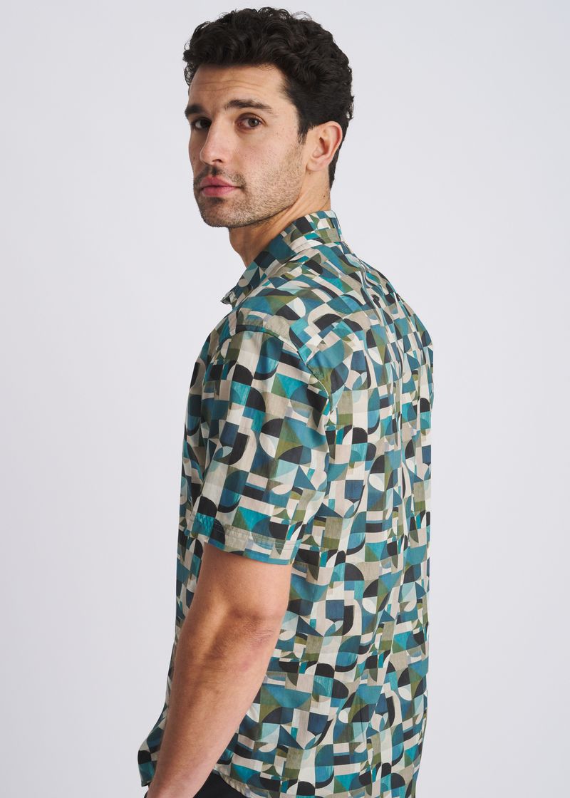 FOREST/OLIVE GEOMETRIC PRINTED LIGHTWEIGHT COTTON/TENCEL SHORT SLEEVE SHIRT PM-47061