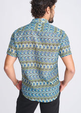COBALT/OLIVE SWIRLS PRINTED LIGHTWEIGHT COTTON/SILK SHORT SLEEVE SHIRT PM-46045