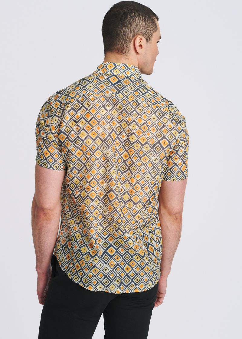 GOLD/NAVY DIAMONDS PRINTED LIGHTWEIGHT COTTON/SILK SHORT SLEEVE SHIRT PM-46047
