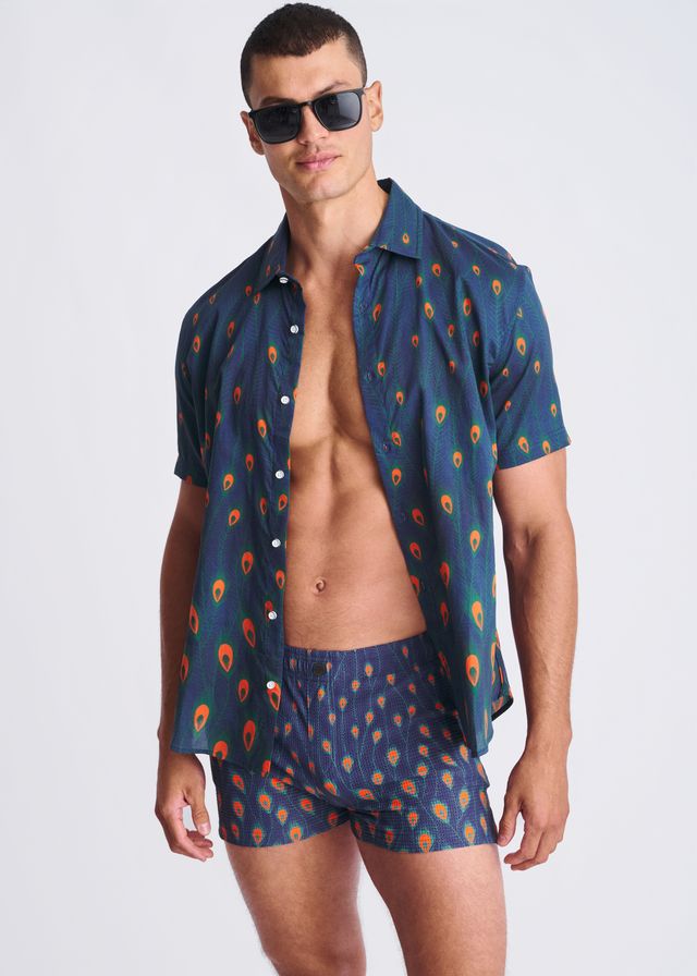 NAVY/PEACOCK FEATHERS PRINTED SEERSUCKER SWIM SHORTS W/MESH LINING PM-6018-54