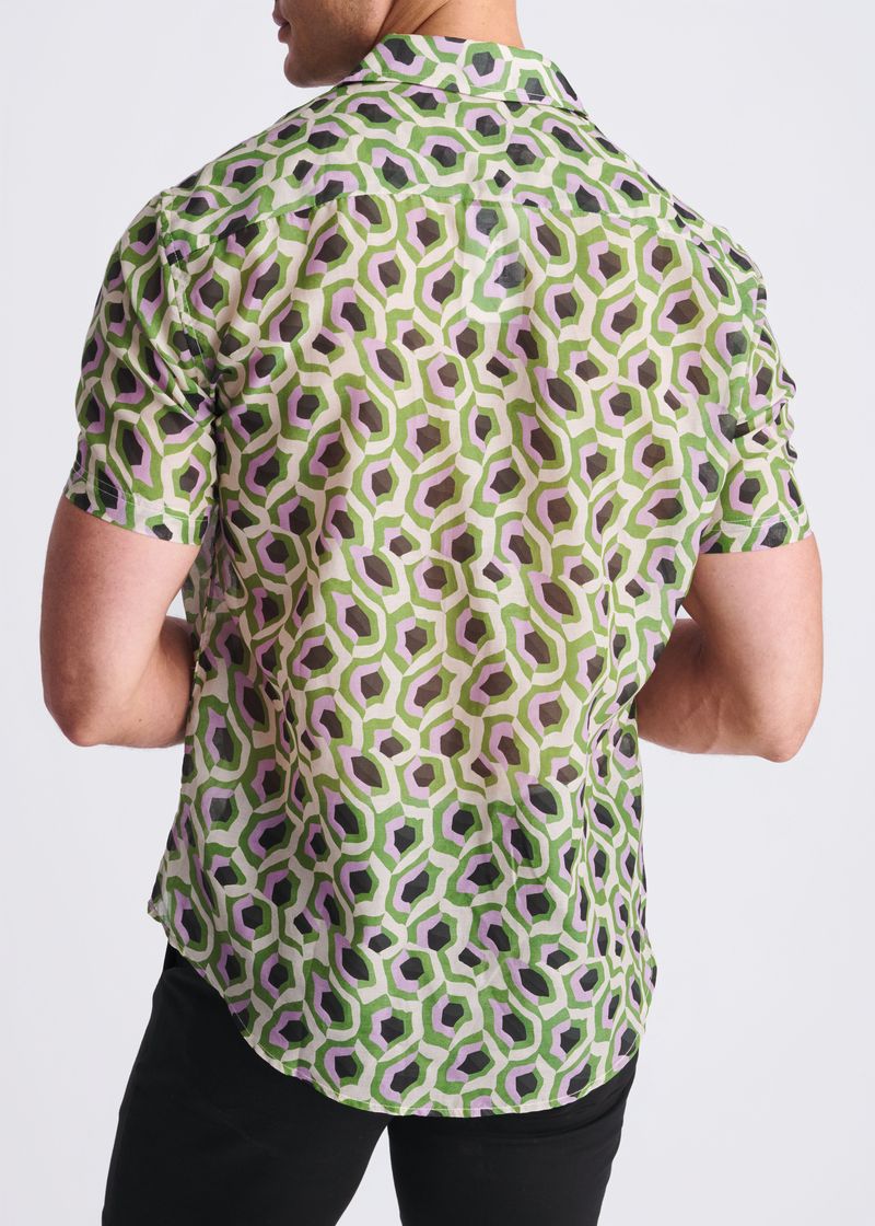 LILAC/SPROUT ABSTRACT PRINTED LIGHTWEIGHT COTTON/SILK SHORT SLEEVE SHIRT PM-46042