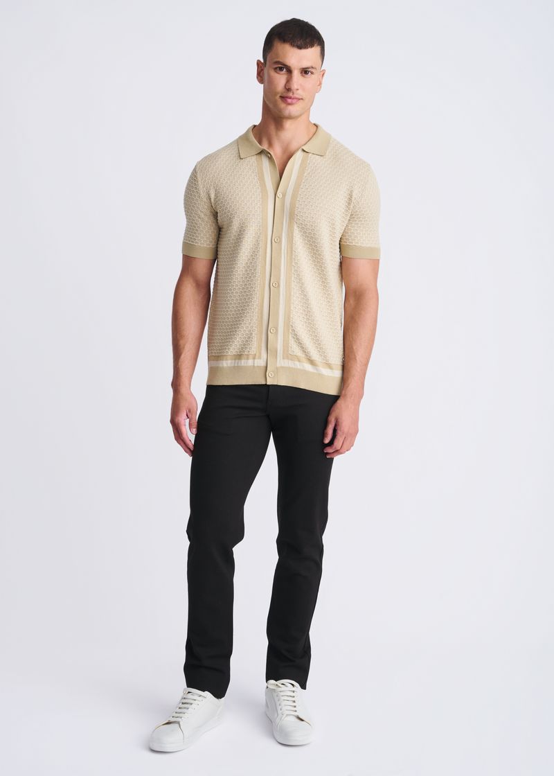 NUTMEG/LATTE HONEYCOMB TEXTURED COTTON BUTTON FRONT KNIT SHIRT PM-16329