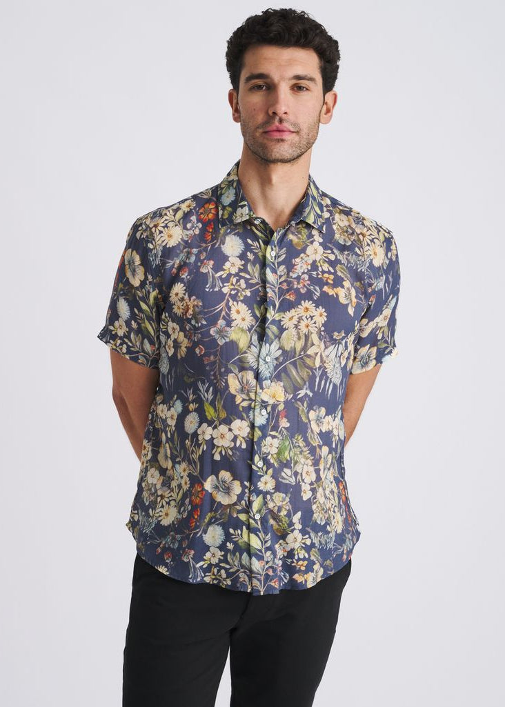 NAVY/SEACREST BLOOMS PRINTED LIGHTWEIGHT LINEN/TENCEL SHORT SLEEVE SHIRT PM-45047