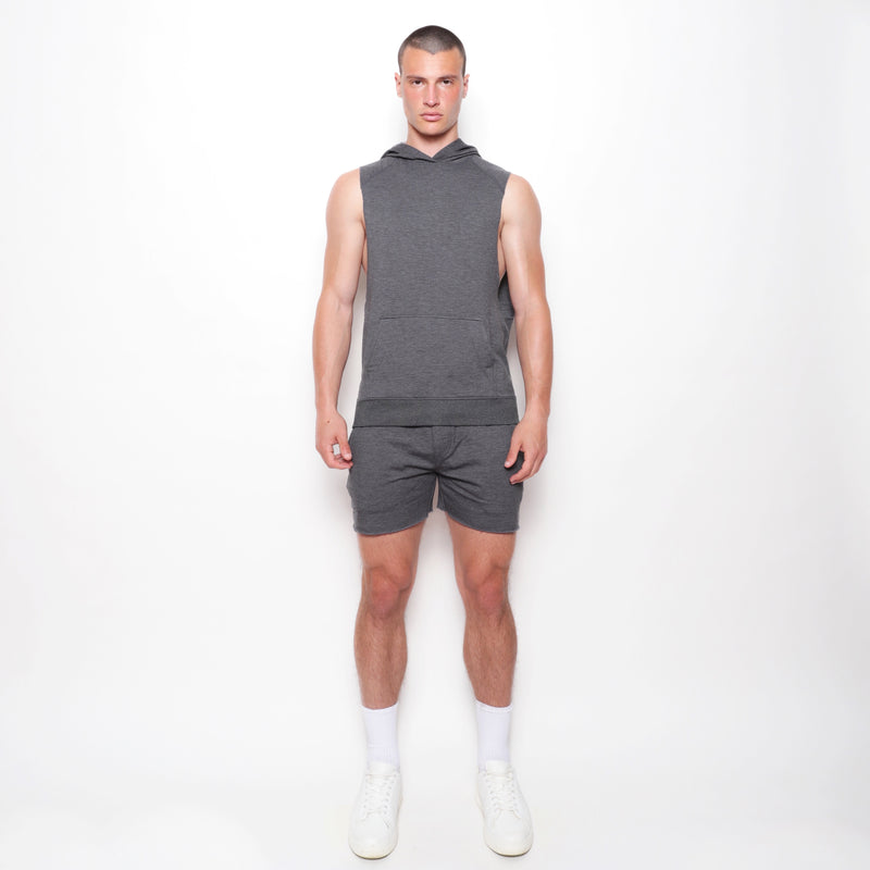 HEATHER GREY SLEEVELESS FLEECE HOODIE PM-70010