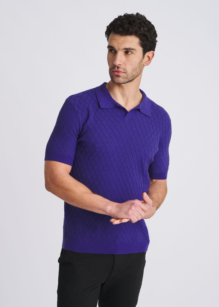 DEEP PURPLE TEXTURED DIAMOND JOHNNY COLLAR KNIT POLO PM-16335