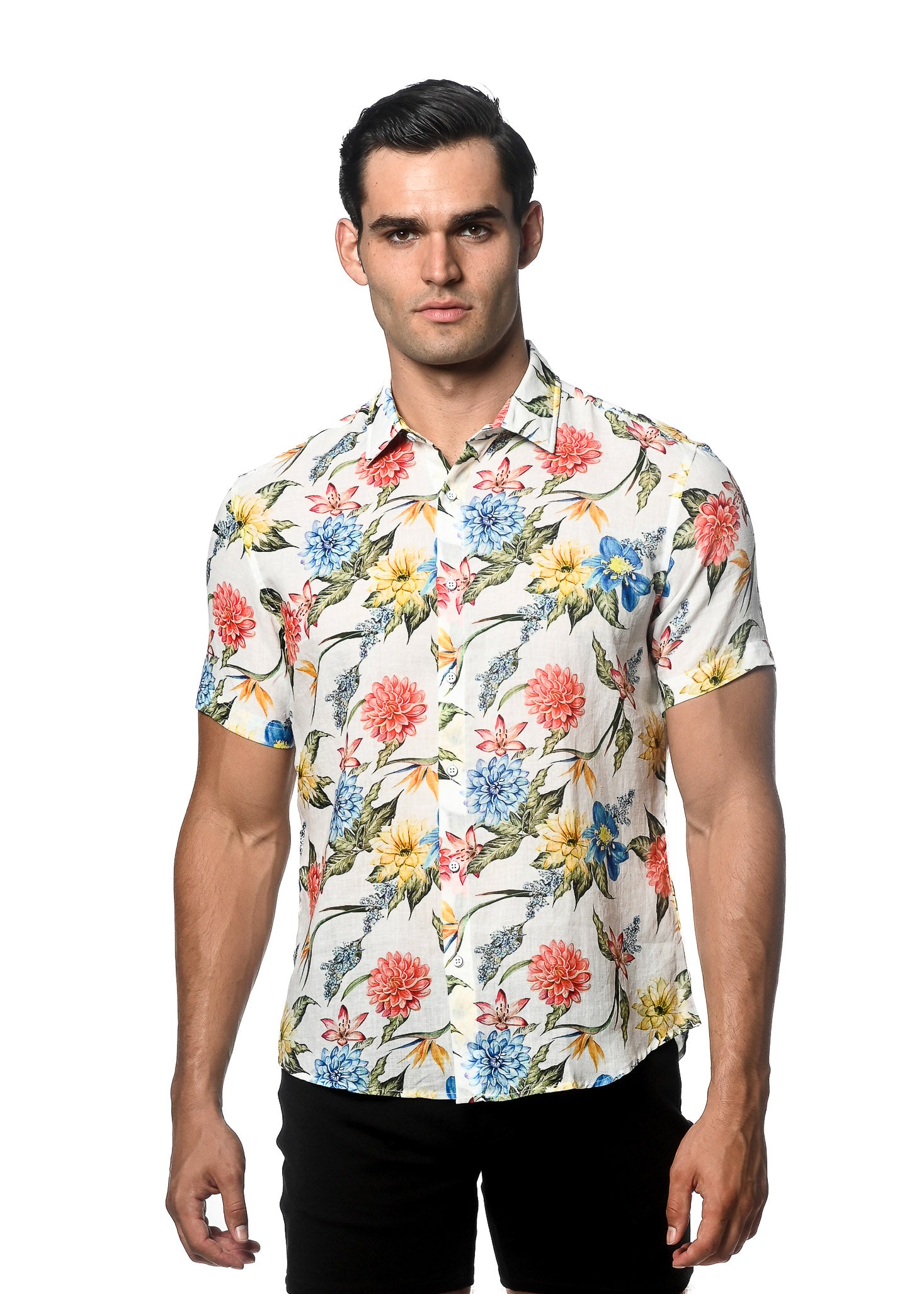 ROYAL/ BLUSH FLORAL PRINTED LINEN TENCEL SHORT SLEEVES WOVEN SHIRT PM-45029