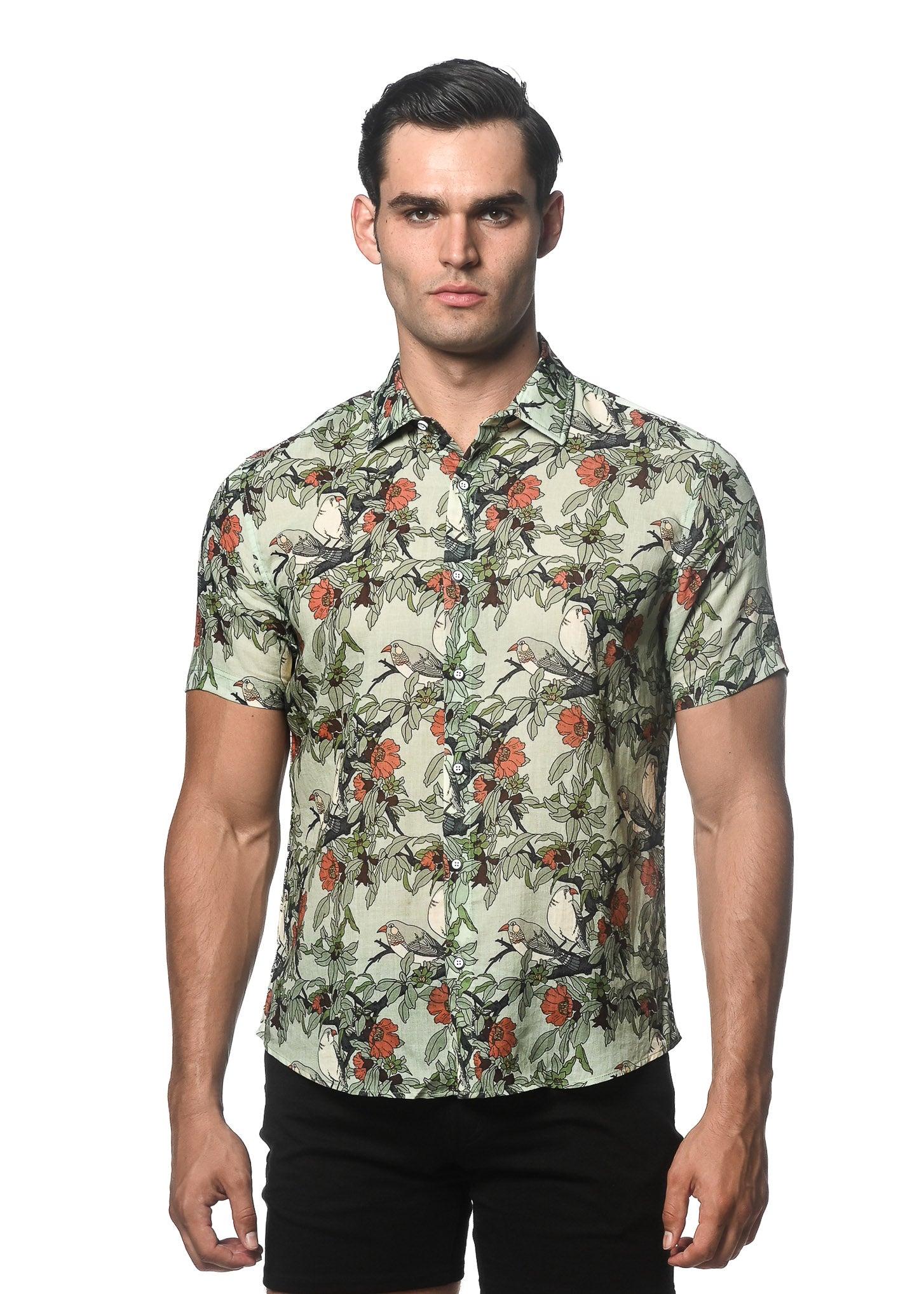 ALOE/ JADE FLORAL PRINTED LINEN TENCEL SHORT SLEEVES WOVEN SHIRT PM-45028