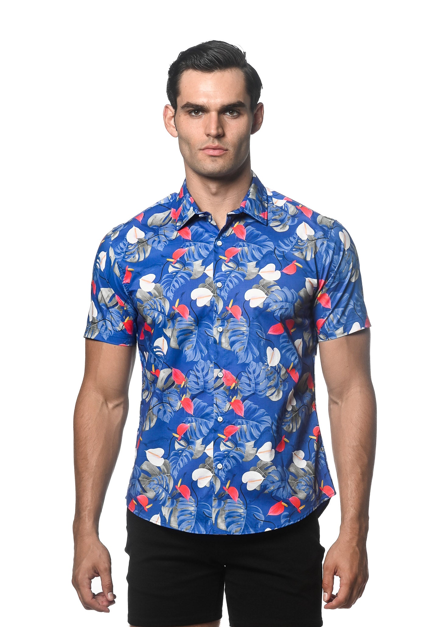 COBALT/ RED TROPICALE PRINTED COTTON TENCEL SHORT SLEEVES WOVEN SHIRT PM-47042