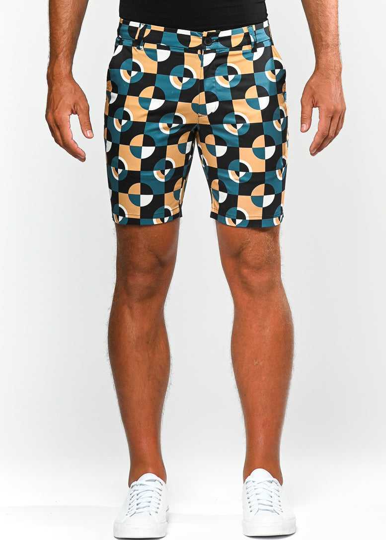 CAMEL/MARINE CIRCLES 8" PRINTED STRETCH WOVEN SHORTS PM-24706