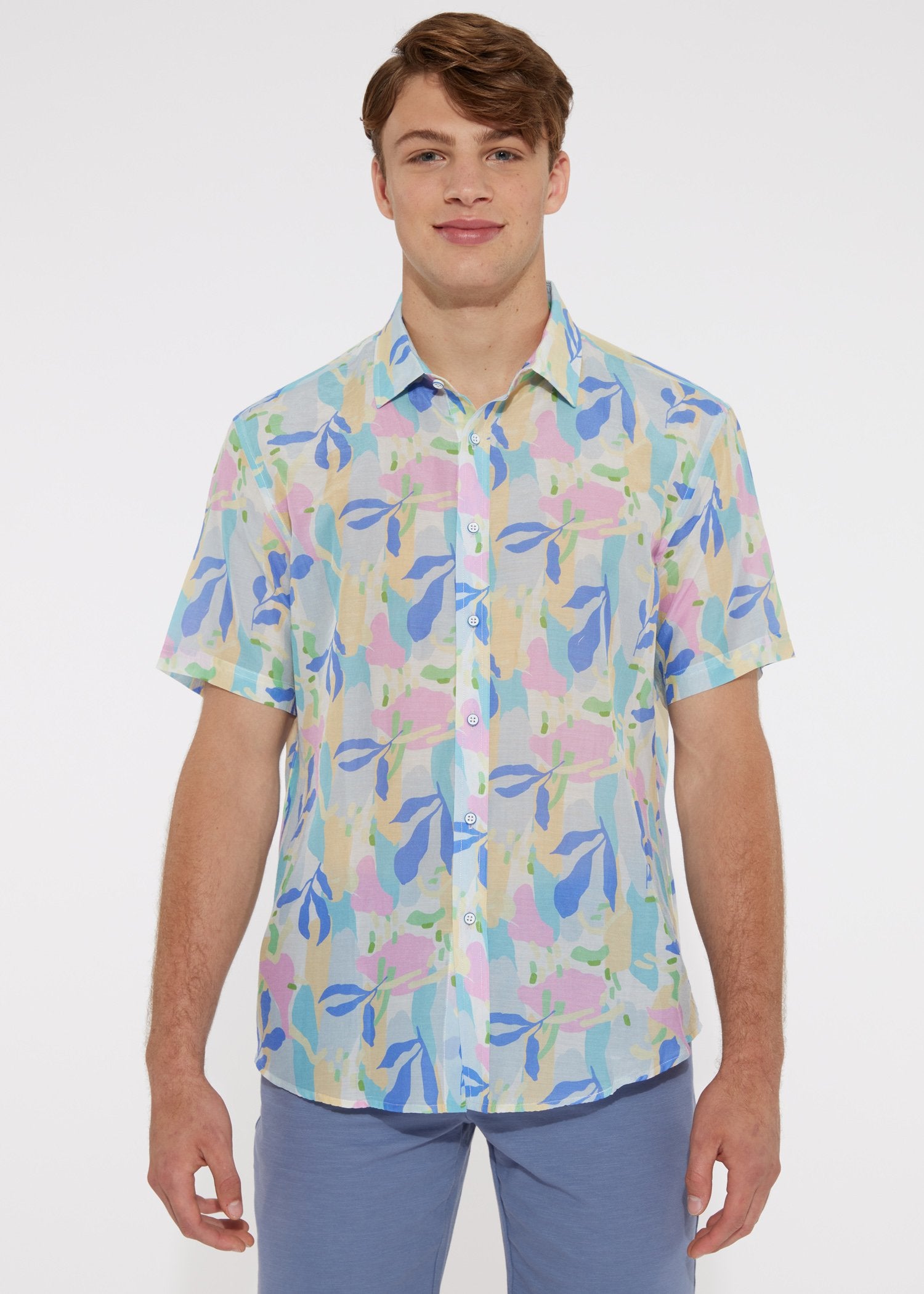 SILVER/PINK FLORAL COTTON/SILK WOVEN SHORT SLEEVE SHIRT PM-46005