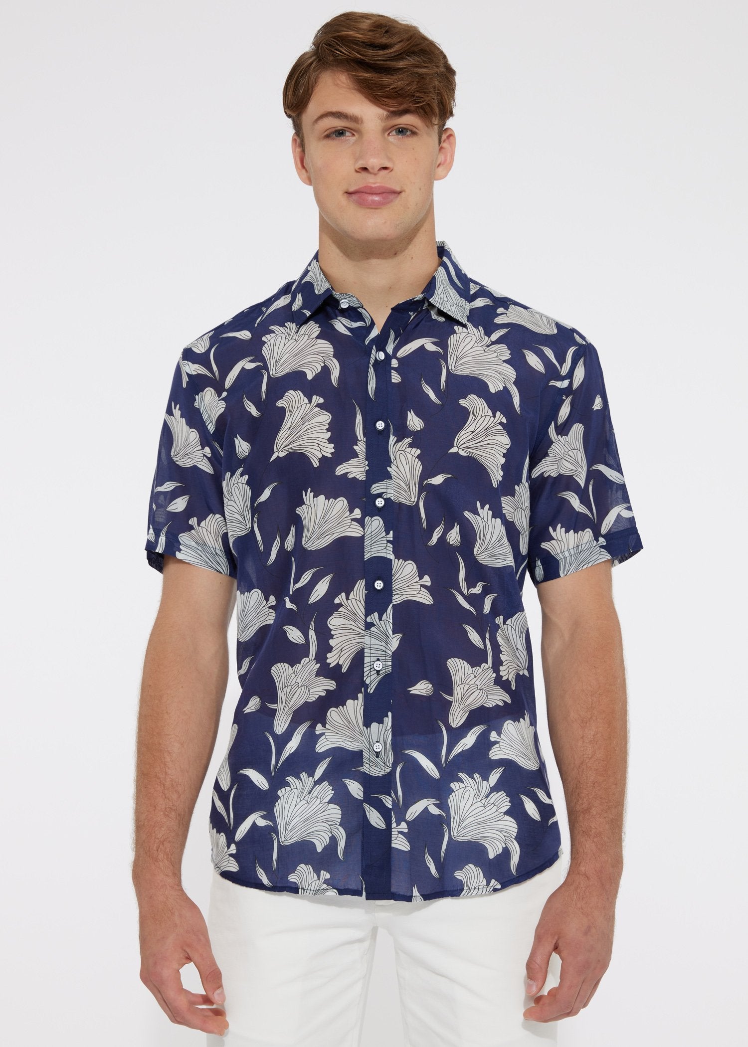 Postmarc – NAVY/WHITE FLORAL COTTON/SILK WOVEN SHORT SLEEVE SHIRT PM-46002