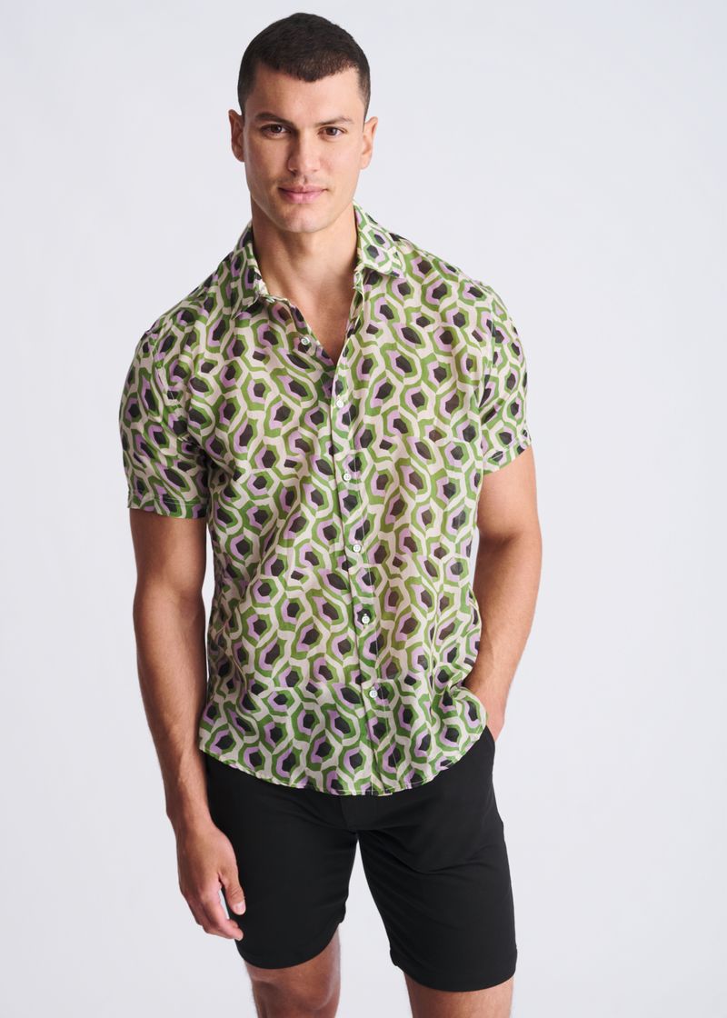 LILAC/SPROUT ABSTRACT PRINTED LIGHTWEIGHT COTTON/SILK SHORT SLEEVE SHIRT PM-46042