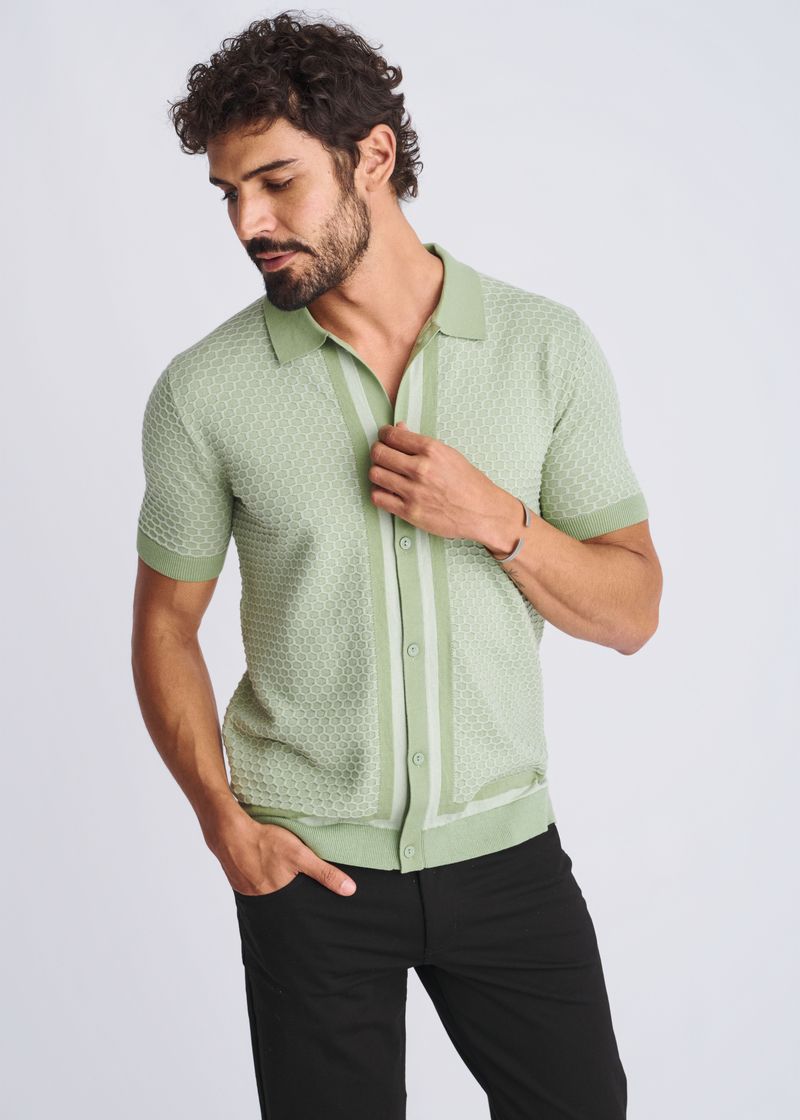 Honeycomb Textured Button Down KNIT Shirt Light Moss / XXL
