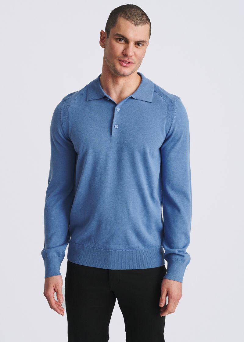 INDIGO 3-BUTTON POLO WOOL BLEND KNIT SWEATER PM-16419