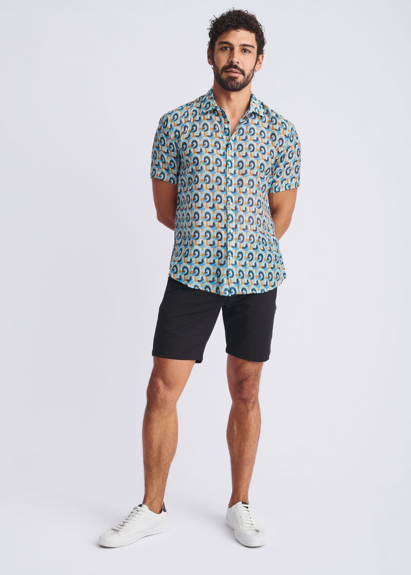 TEAL/ORANGE SWIRLS PRINTED LIGHTWEIGHT COTTON/SILK SHORT SLEEVE SHIRT PM-46043