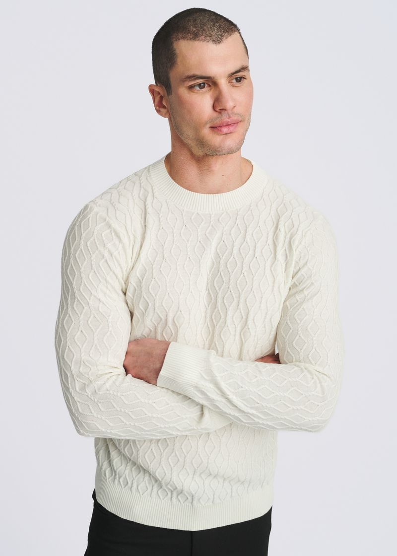 CREAM CABLE KNIT CREW NECK WOOL BLEND SWEATER PM-16421
