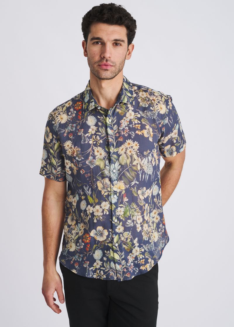 NAVY/SEACREST BLOOMS PRINTED LIGHTWEIGHT LINEN/TENCEL SHORT SLEEVE SHIRT PM-45047