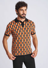 ORANGE/BLACK RETRO CHAINS JACQUARD COTTON 3-BUTTON KNIT POLO PM-16328