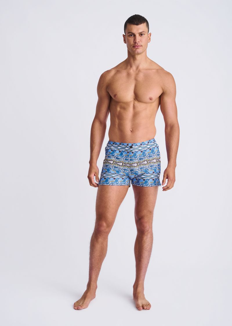 COBALT/OLIVE SWIRLS PRINTED SEERSUCKER SWIM SHORTS W/MESH LINING PM-6018-51