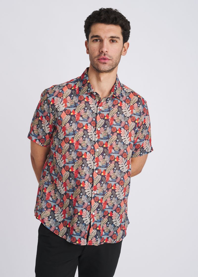 NAVY/SAGE LEAVES PRINTED LIGHTWEIGHT LINEN/TENCEL SHORT SLEEVE SHIRT PM-45052