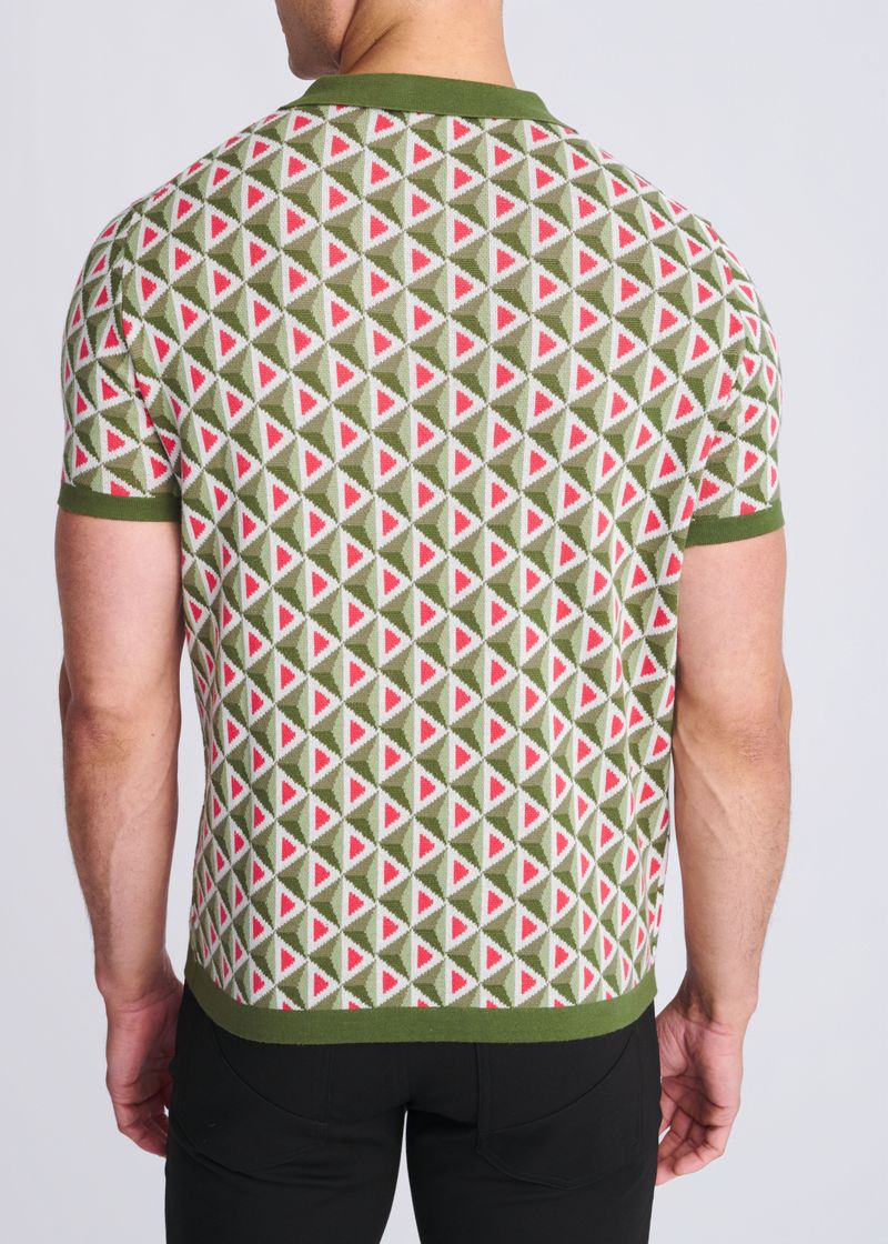 OLIVE/WEED TRIANGLES JACQUARD COTTON 3-BUTTON KNIT POLO PM-16327