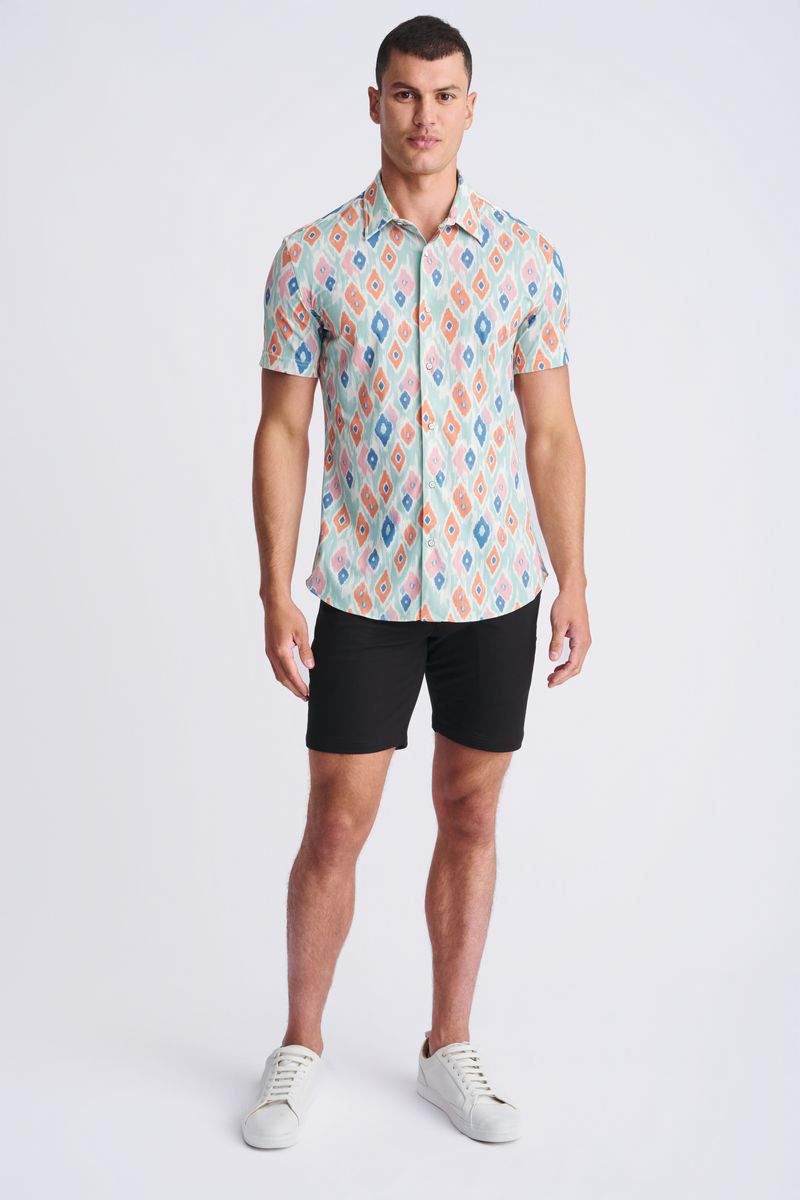 MINT/CORAL DIAMONDS PRINTED PERFORMANCE SHORT SLEEVE SHIRT W/ CONTRAST PLACKET PM-76112
