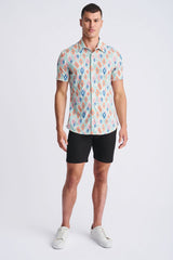 MINT/CORAL DIAMONDS PRINTED PERFORMANCE SHORT SLEEVE SHIRT W/ CONTRAST PLACKET PM-76112