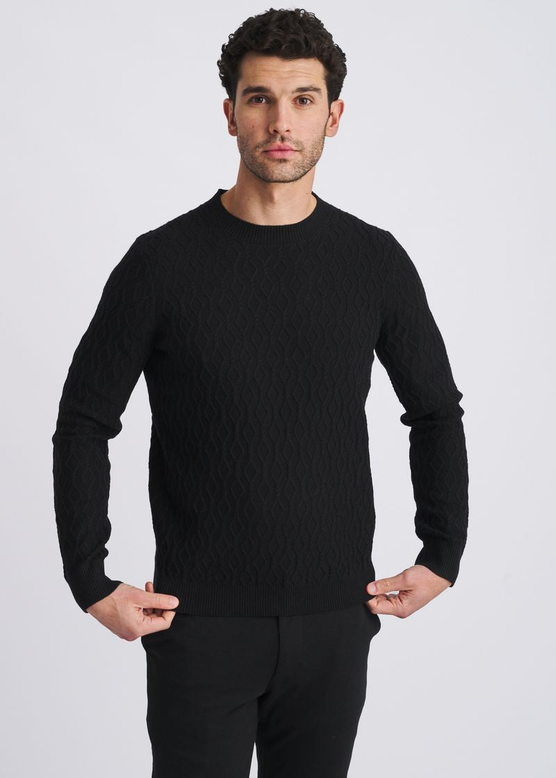 BLACK CABLE KNIT CREW NECK WOOL BLEND SWEATER PM-16421