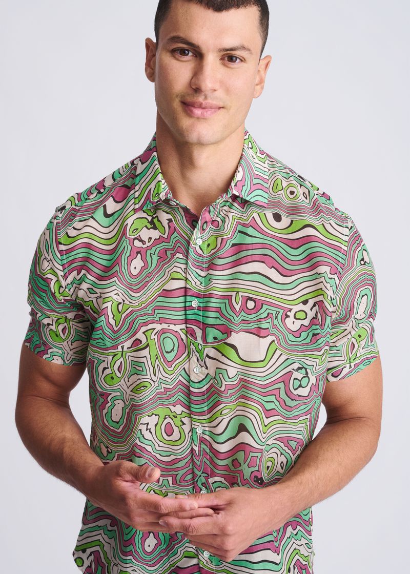 BUD/BLUSH SWIRLS PRINTED LIGHTWEIGHT COTTON/SILK SHORT SLEEVE SHIRT PM-46044