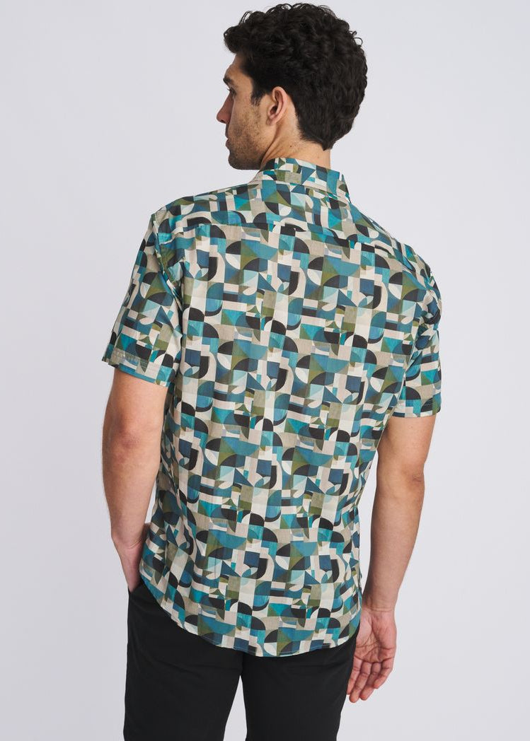 FOREST/OLIVE GEOMETRIC PRINTED LIGHTWEIGHT COTTON/TENCEL SHORT SLEEVE SHIRT PM-47061