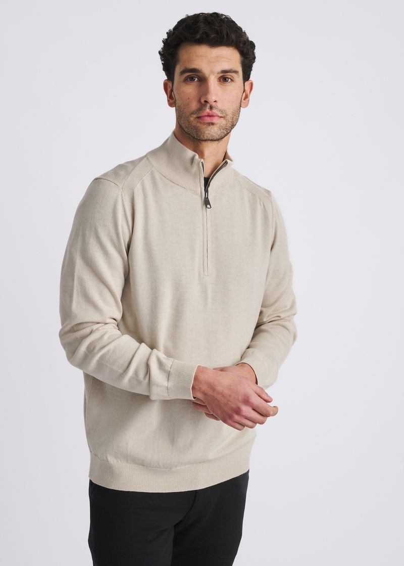 OATMEAL QUARTER ZIP WOOL BLEND KNIT CARDIGAN PM-16417