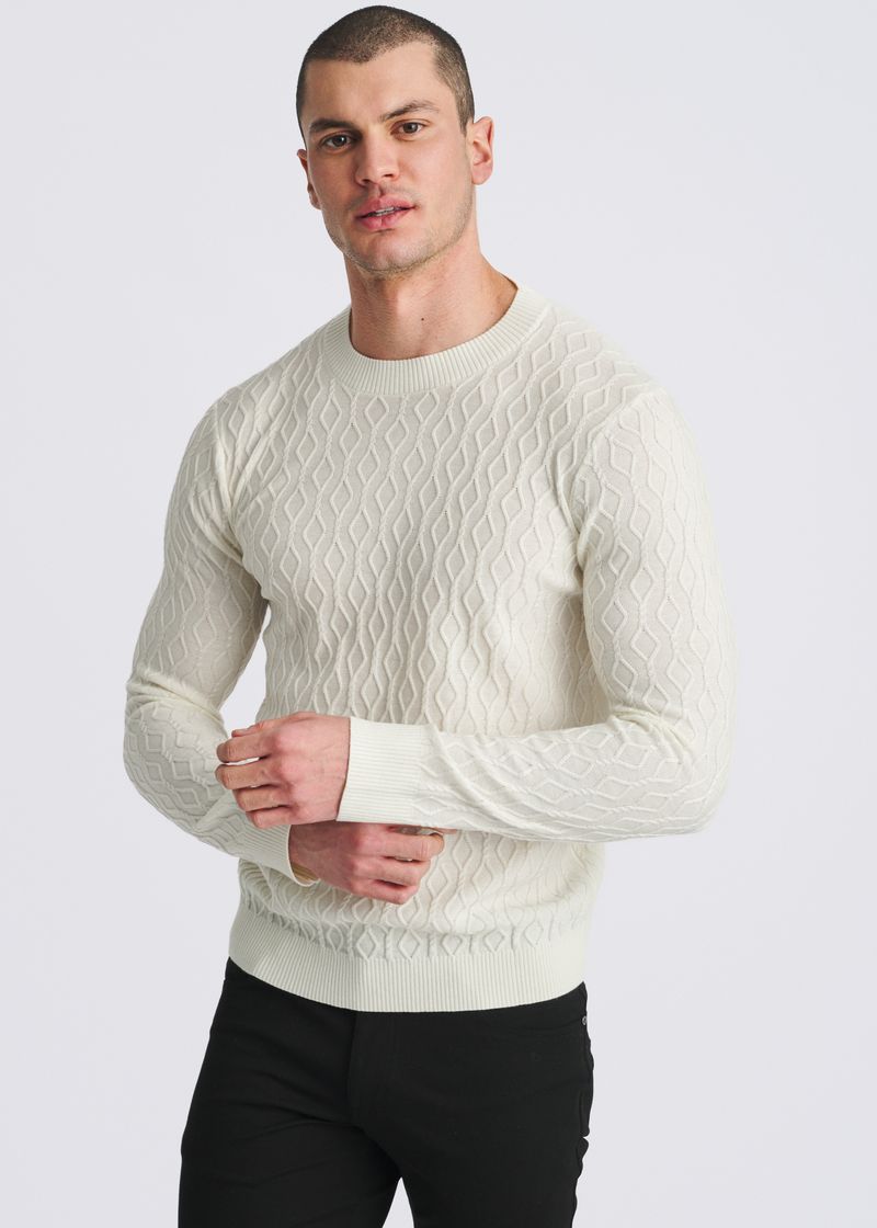 CREAM CABLE KNIT CREW NECK WOOL BLEND SWEATER PM-16421