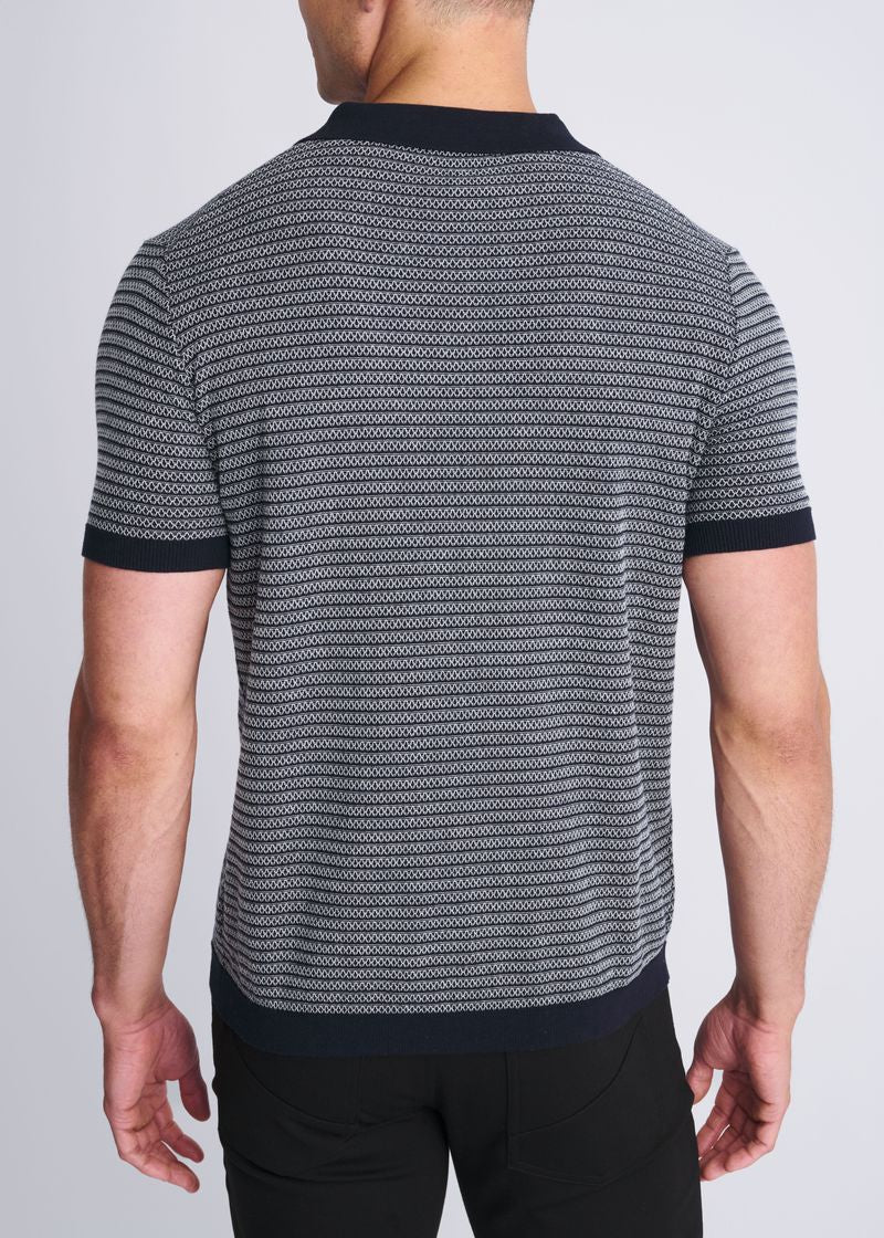 OFF WHITE/NAVY TWO TONE TEXTURED COTTON 3-BUTTON KNIT POLO PM-16321