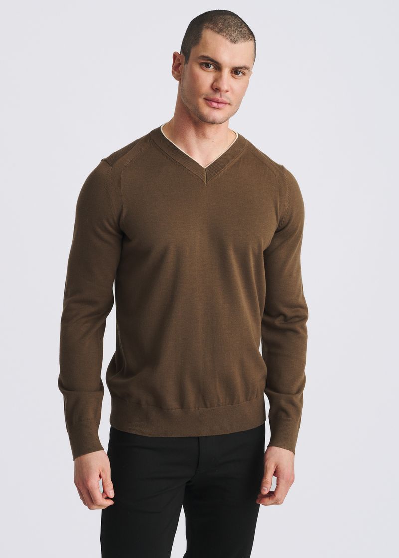 SEPIA/YOLK CONTRAST V-NECK WOOL BLEND KNIT SWEATER PM-16418
