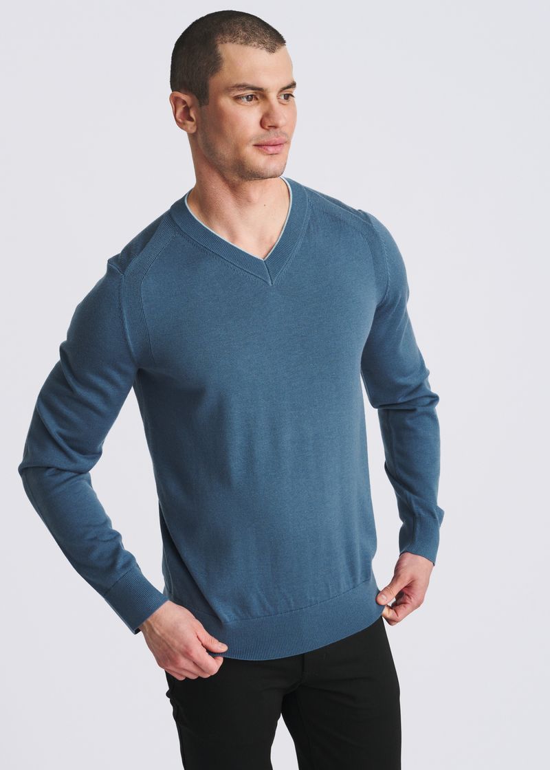 PETROL/AQUA CONTRAST V-NECK WOOL BLEND KNIT SWEATER PM-16418