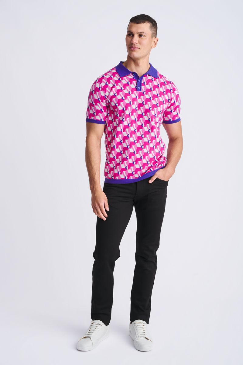 BLUSH/PINK 3D CUBES JACQUARD COTTON 3-BUTTON KNIT POLO PM-16325