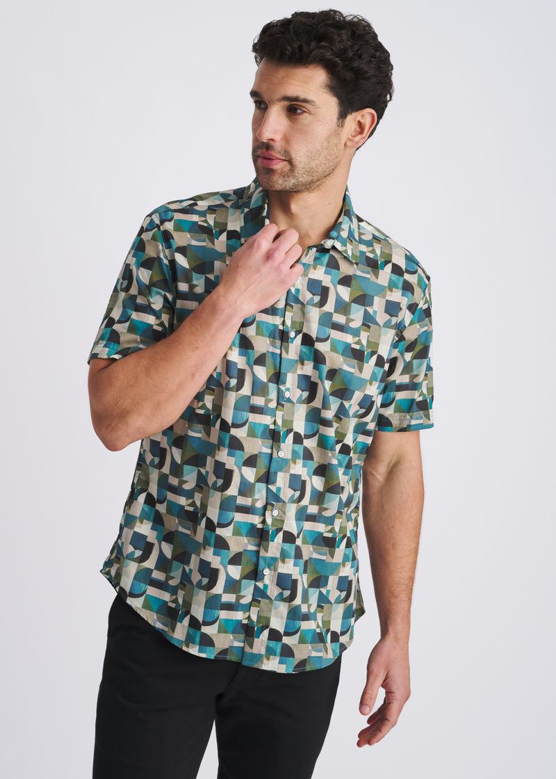 FOREST/OLIVE GEOMETRIC PRINTED LIGHTWEIGHT COTTON/TENCEL SHORT SLEEVE SHIRT PM-47061