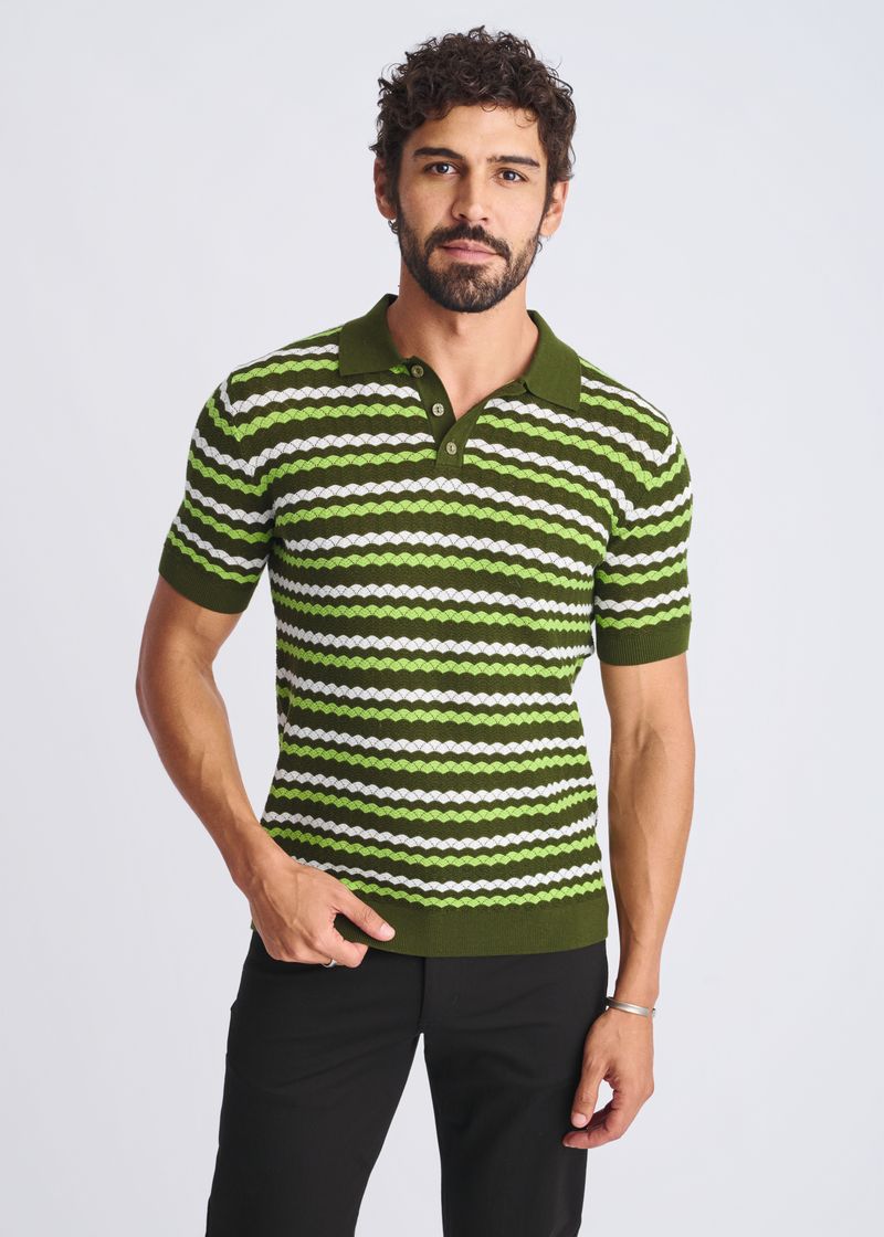 PEAR/COMBAT/OFF WHITE WAVE TEXTURED COTTON 3-BUTTON KNIT POLO PM-16320