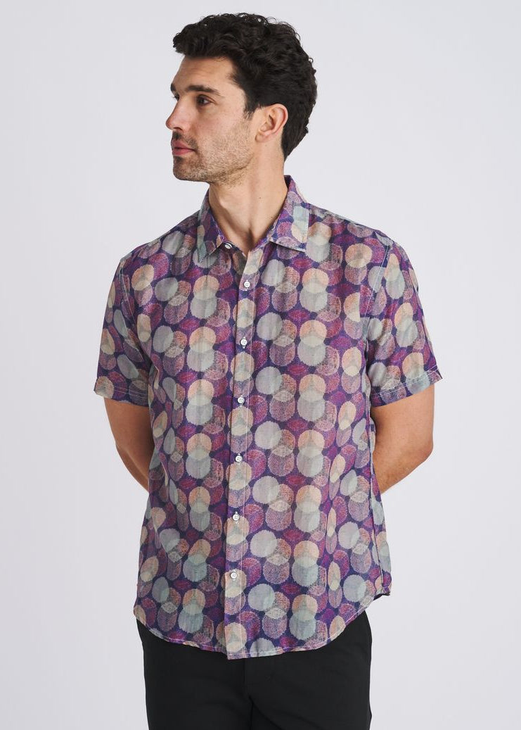 SAGE/PURPLE CIRCLES PRINTED LIGHTWEIGHT COTTON/SILK SHORT SLEEVE SHIRT PM-46055
