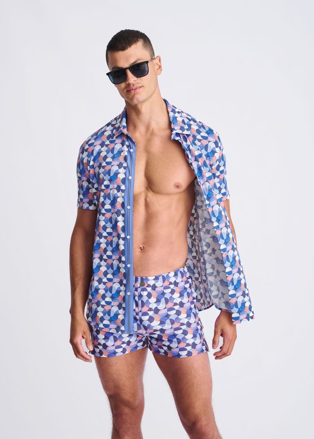 PURPLE/WISTERIA SWIRLS PRINTED SEERSUCKER SWIM SHORTS W/MESH LINING PM-6018-47